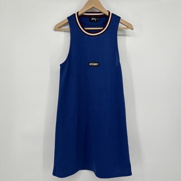 Stussy Sleeveless Tank Dress Women Size Small Blue Burgundy Trim Stock Logo - Picture 1 of 8